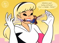 breasts drawing giantess city mega blonde color long_hair buildings shoes brunette smiling short_hair camera pants jacket costume dialogue hairband looking_at_tiny gwen_stacy spider-man marvel_comics spider-gwen peter_parker webs spunkbug