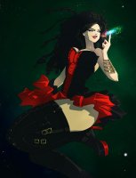 breasts drawing giantess giga space black_hair color large_breasts long_hair cleavage skirt high_heels brown_eyes galaxy boots thighs red_nails corset rings stars thigh_high_boots cosmic_giantess gauntlet angelgts bare_legs contessa