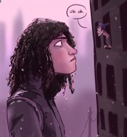 breasts drawing giantess city mega black_hair color buildings angry brunette snow dark_skin hat jacket power_lines dialogue looking_at_tiny caiman2