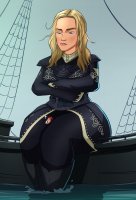 breasts drawing giantess mega blonde black_hair color large_breasts water ocean brown_eyes boots sitting pants thighs thigh_crush disney ships belt pirates thick_thighs looking_at_tiny caiman2 pirates_of_the_caribbean elizabeth_swann jack_sparrow