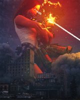 breasts giantess city mega long_hair robot destruction bra buildings brunette tank kneeling fire shorts fighting rain smoke night shirt dust debris lasers digital_render laser_eyes tinynovagtx