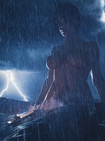breasts nipples giantess nude mega black_hair large_breasts water ocean wet short_hair storm rain looking_down waves night towering ships lightning cargo_ship sorenzer0 digital_render