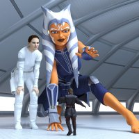 breasts giantess horns large_breasts blue_eyes toes barefoot brunette multiple_sizes brown_eyes smiling gloves short_hair boots star_wars reaching shrunken_man giantesses indoors crouching tattoo belt bending_down looking_at_tiny digital_render orange_skin gauntlets togruta padme_amidala ahsoka_tano padme senator jedi anakin_skywalker anttiergod lekku