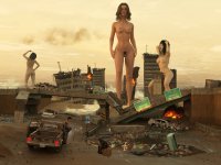 breasts nipples giantess nude city mega black_hair long_hair butt bridge destruction barefoot rampage water buildings brunette asian short_hair sitting fire giantesses vehicles thighs hat hands_on_hips debris looking_at_tiny digital_render sylargts