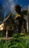 breasts giantess mega blonde black_hair large_breasts long_hair butt blue_eyes fantasy toes barefoot cleavage bra water buildings gloves dress fangs forest pants thighs outdoors necklace trees dock hands_on_hips pond goblin green_skin looking_at_tiny pointed_ears digital_render pointed_teeth bare_midriff bakedalaskabigs