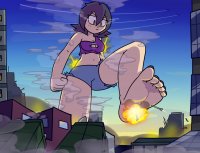 breasts drawing giantess city mega color destruction toes barefoot rampage cleavage buildings angry military short_hair shorts airplane explosion looking_down jets smoke goth thighs fist freckles missiles top ripped_clothing imminent_crush black_nails bare_legs bare_midriff megamaliit lia