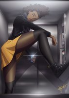 breasts drawing giantess black_hair color skirt shoes stockings brown_eyes socks mini_giantess dark_skin thighs indoors jacket hoodie zipper elevator selfie zerohour99