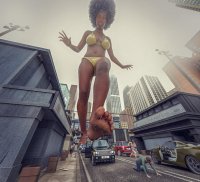 bikini breasts giantess city large_breasts swimsuit destruction toes barefoot rampage cleavage buildings vehicles dark_skin point_of_view running_away imminent_crush digital_render afro bare_legs flagg3d bare_midriff looking_at_tinies