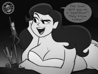 breasts drawing giantess mega monochrome large_breasts long_hair cleavage bra skirt desert lying_down rope sacrifice dialogue pole looking_at_tiny cactus bare_midriff spunkbug tied_to_pole