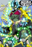 breasts drawing growth giantess horns tail mega comic black_hair color large_breasts long_hair claws cleavage bra green_eyes angry asian transformation thighs belt ripped_clothing dialogue scales slit_pupils kaiju badonkasaurus giant_girl_aventures sabrina_pandora