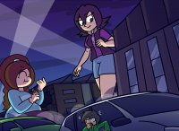 breasts drawing giantess vore city mega black_hair color long_hair destruction handheld rampage skirt buildings brunette ponytail bbw kneeling shorts giantesses hiding vehicles night freckles closed_eyes spotlights searching bare_legs vest megamaliit lia