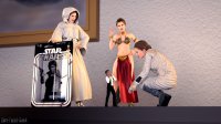 breasts bra shoes brunette gloves boots star_wars collar shrunken_woman shrunken_man pants doll crouching belt hands_on_hips hood action_figures looking_at_tiny digital_render loincloth hair_bun bare_legs vest princess_leia slave_dress leia bare_midriff metal_bikini han_solo bare_faced_cheek