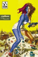 breasts drawing giantess city mega color handheld rampage cleavage bra skirt buildings brunette yellow_eyes red_hair blue_skin parody vehicles poster truck top x-men attack_of_the_50_foot_woman bare_legs mystique marvel_comics bare_midriff wayyellow