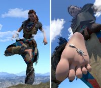 breasts giantess giga comic large_breasts robot destruction toes barefoot skirt red_hair mountains tribal pants rope horizon clouds braid necklace belt stuck_to_foot looking_at_tiny digital_render aloy evergrowingwaifus tallneck