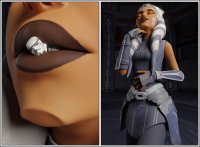 lekku breasts horns comic skirt gloves star_wars shrunken_man indoors tattoo closed_eyes belt helmet stormtrooper digital_render orange_skin hand_on_stomach togruta savoring ahsoka_tano jedi solidsunny