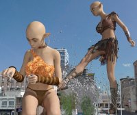 breasts nipples giantess nude panties vore alien large_breasts destruction claws handheld toes barefoot rampage cleavage bra skirt buildings yellow_eyes kneeling sandals kick fangs collar giantesses earrings top pinched looking_at_tiny water_tower pointed_ears digital_render bare_legs bald bare_midriff zaximus_prime