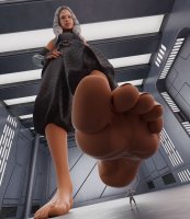 breasts horns alien armor blue_eyes toes barefoot gloves star_wars shrunken_man pants indoors tattoo point_of_view belt hands_on_hips imminent_crush helmet looking_at_tiny stormtrooper digital_render orange_skin bare_legs togruta ahsoka_tano dwighteisenhower lekku