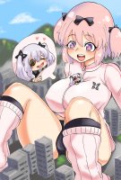 breasts drawing giantess manga city mega color large_breasts socks pink_hair unknown_artist sitting twintails shorts thighs jacket grey_hair hair_bow source_needed zipper looking_at_tiny eyepatch bare_legs cutaway between_breasts