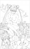 breasts drawing giantess nude blushing manga city mega comic monochrome large_breasts long_hair destruction bunny cleavage buildings sailor_moon unknown_artist sitting twintails japanese_text source_needed covering_breasts