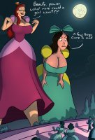 breasts drawing giantess black_hair color large_breasts long_hair cleavage castle moon red_hair dress ball giantesses clouds night thighs disney closed_eyes hair_bow cinderella bending_down dialogue hairband thick_thighs bare_legs caiman2 looking_at_tinies drizella anastsisa