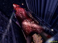 breasts giantess city mega large_breasts long_hair high_heels buildings green_eyes gloves red_hair dress jessica_rabbit night thighs point_of_view looking_at_viewer stars spotlights cracked_ground digital_render bare_legs johnnyscribe