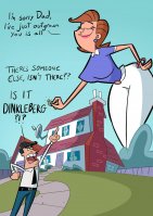 breasts drawing giantess mega black_hair color large_breasts buildings brunette tie pants thighs milf shirt rings closed_eyes earrings belt bending_down bracelet dialogue hands_on_hips thick_thighs fairly_odd_parents caiman2 picjusbro mrs_turner mr_turner