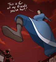 breasts drawing giantess city mega comic black_hair color large_breasts long_hair blue_eyes buildings shoes brunette gloves boots pants dark_skin clouds thighs avatar katara dialogue azula imminent_crush avatar_the_last_airbender looking_at_tiny hair_bun red_sky caiman2
