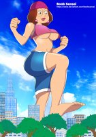 breasts drawing giantess city mega color toes barefoot cleavage buildings glasses brunette short_hair underboob shorts family_guy fist hat earrings trees bare_legs meg_griffin bare_midriff boob_sensei