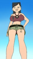 breasts drawing nipples giantess mega black_hair color large_breasts long_hair cleavage brunette asian shorts chris point_of_view top belt hands_on_hips no_background looking_at_tiny total_drama_island bare_legs boob-slave bare_midriff heather hanging_from_shorts cody hanging_from_top