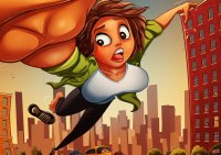 breasts drawing giantess city mega color large_breasts destruction toes barefoot buildings shoes brunette brown_eyes short_hair bus cartoon falling pants vehicles dark_skin jacket latina sam tripping kisparlius luck