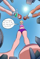 breasts drawing giantess panties giga city blonde color large_breasts long_hair blue_eyes toes cleavage buildings glasses green_eyes brunette underwear brown_eyes red_hair ponytail short_hair sun giantesses dark_skin thighs indoors point_of_view top looking_at_viewer lila dialogue hands_on_hips bare_legs bare_midriff caiman2 hair_streak picjusbro polly_pocket shani