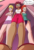 breasts drawing panties giga blonde color large_breasts long_hair blue_eyes toes cleavage glasses green_eyes brunette underwear brown_eyes smiling red_hair ponytail short_hair dark_skin thighs indoors point_of_view looking_at_viewer lila dialogue hands_on_hips arms_folded bare_legs caiman2 hair_streak picjusbro polly_pocket shani