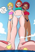 breasts drawing giantess panties giga blonde color large_breasts long_hair blue_eyes toes cleavage bra green_eyes brunette underwear brown_eyes smiling red_hair ponytail short_hair explosion giantesses dark_skin clouds thighs red_nails navy point_of_view ships top lila dialogue hands_on_hips bare_legs caiman2 looking_at_tinies hair_streak picjusbro polly_pocket earrrings shani