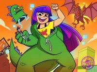 drawing giantess tail wings city mega color long_hair armor destruction claws handheld buildings blue_hair asian boots halloween monster fighting mask cosplay fist top bracelet sign zipper kaiju looking_at_tiny glitch_techs spunkbug fives miko_kubota