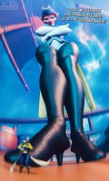 furry tail vixen long_hair blue_eyes toes high_heels blue_hair gloves police short_hair boots uniform looming collar shrunken_woman pants cat_girl thighs hat jacket disney fox_girl point_of_view ships top belt dialogue stars broom digital_render sly_cooper arms_folded carmelita_fox barrel bare_midriff captain_amelia treasure_planet sail sly_cooper_(series) js3ds