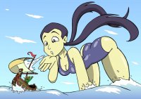 breasts drawing giantess tail mega blonde black_hair color large_breasts long_hair butt swimsuit cleavage water ocean brunette asian twintails waves boats thighs flag bending_down blowing cat_boy green_skin bare_legs drsgrowth sail w.i.t.c.h. hay_lin