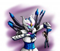 breasts drawing giantess horns mega black_hair color robot blue_eyes shoes wave pants dangle shirt belt no_background pinched looking_at_tiny transformers jack_darby airachnid soundbluster