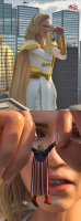 breasts giantess city blonde comic handheld skirt buildings helicopter angry superhero short_hair boots reflection costume cape belt hairband sign looking_at_tiny digital_render billboard kirby_sab3d the_boys starlight homelander