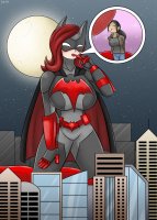 drawing giantess blushing city mega black_hair color large_breasts buildings moon gloves ponytail boots kneeling kissing lesbians mask pants night thighs jacket costume closed_eyes cape belt stars hands_on_hips dinobirdofdoom on_finger dc_comics batwoman renee_montoya