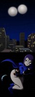 breasts drawing giantess earth giga city space comic color large_breasts planet buildings shoes purple_eyes moon raven teen_titans short_hair night thighs cape belt leotard stars looking_behind dc_comics cosmic_giantess arms_folded bare_legs grey_skin ravenravenraven