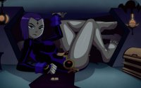 drawing growth giantess mega color large_breasts toes barefoot purple_hair raven teen_titans short_hair thighs indoors looking_at_viewer belt leotard book annoyed dc_comics bare_legs grey_skin ravenravenraven