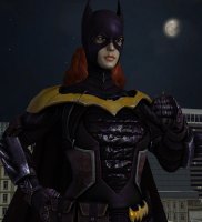 breasts giantess city long_hair armor blue_eyes buildings moon green_hair red_hair suit mask batgirl night costume cape belt hands_on_hips joker looking_at_tiny digital_render dc_comics roodedude
