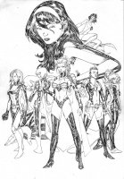 breasts drawing giantess mega alien monochrome long_hair butt cleavage high_heels leviathan gloves ponytail short_hair boots kneeling thighs tattoo costume cape earrings belt leotard hairband on_shoulder no_background spikes dc_comics shrinking_violet legion_of_superheroes looking_at_tinies saturn_girl triplicate_girl spiderguile triad shikari spark shadow_lass kid_quantum
