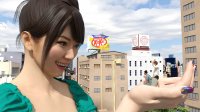 breasts giantess city mega black_hair buildings brunette unknown_artist pants cower nail_polish shirt source_needed looking_at_tiny digital_render billboard hair_bun