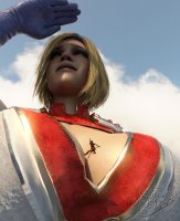 breasts giantess blonde black_hair large_breasts armor blue_eyes cleavage gloves short_hair boots unaware shrunken_woman costume wonder_woman power_girl digital_render on_breasts bare_legs between_breasts bakedalaskabigs dc_comic