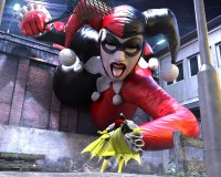 breasts giantess city mega large_breasts long_hair tongue blue_eyes buildings gloves red_hair boots harley_quinn open_mouth mask batgirl night cape bending_down jetslasher imminent_crush lamppost looking_at_tiny digital_render dc_comics flyswatter