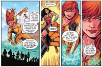drawing giantess mega comic black_hair color long_hair handheld cleavage skirt water ocean green_eyes island giganta red_hair boots fighting waves drowning punch flying thighs costume wonder_woman closed_eyes jumpsuit crowds dialogue zipper dc_comics bare_legs