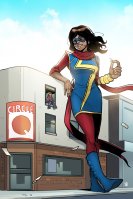 breasts drawing giantess city mega color large_breasts buildings brunette smiling boots sitting grin mask pants dark_skin thighs leaning_against_building costume soda bracelet scarf looking_at_tiny ms_marvel marvel_comics kamala_khan bodega chickenzpunk brune_carrelli