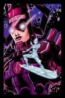 breasts drawing giantess mega space color large_breasts armor gloves reaching galactus helmet glowing_eyes cosmic_giantess silver_surfer surfboard marvel_comics ffnb chrome_body silver_skin