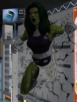 breasts growth giantess city mega large_breasts long_hair destruction buildings green_eyes outgrowing_building gloves green_hair short_hair boots muscles night thighs fist leotard she_hulk debris green_skin digital_render billboard she-hulk bare_legs marvel_comics roodedude